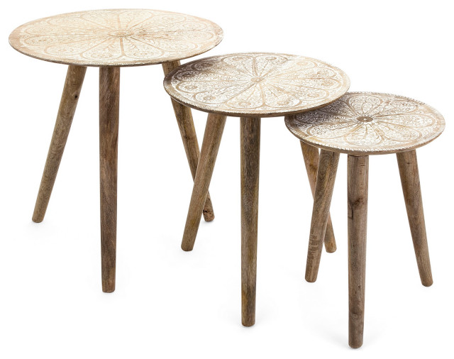 Benzara BM285152 3 Piece Nesting Tables, Mango Wood, Splayed Legs, Natural