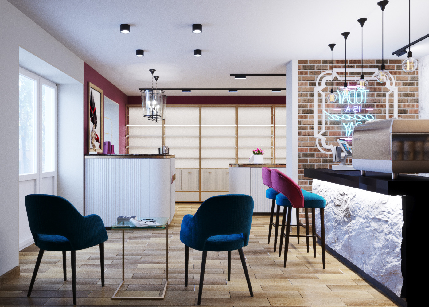 Дизайн интерьера магазина парфюмерии с зоной кафе в аутентичном стиле.