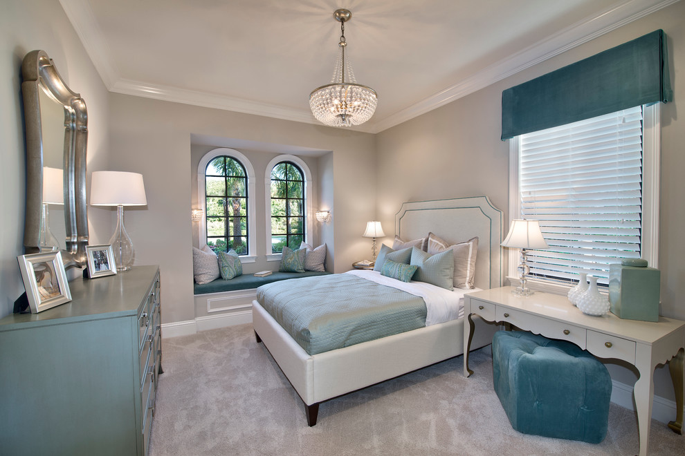 This is an example of a transitional master bedroom in Tampa with grey walls and carpet.