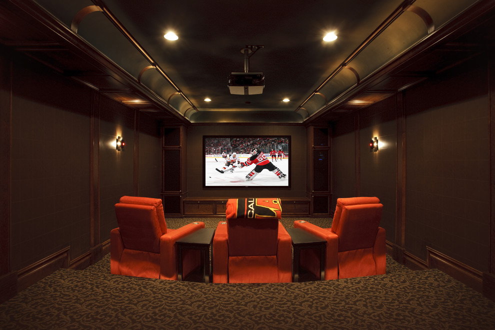 Inspiration for a contemporary home theatre in Calgary.
