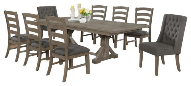 Rustic 9pc Dining Set with Gray Linen Chairs and Extendable Wood Dining Table