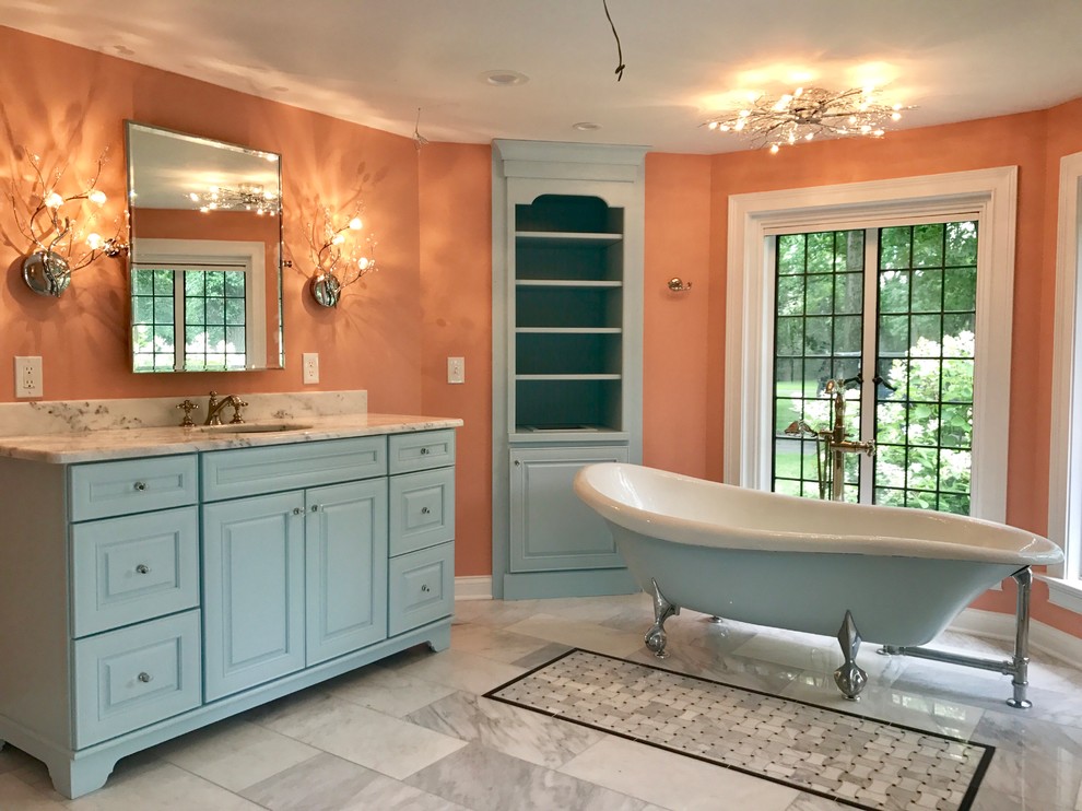 Bathroom - huge master marble floor and gray floor bathroom idea with multicolored walls