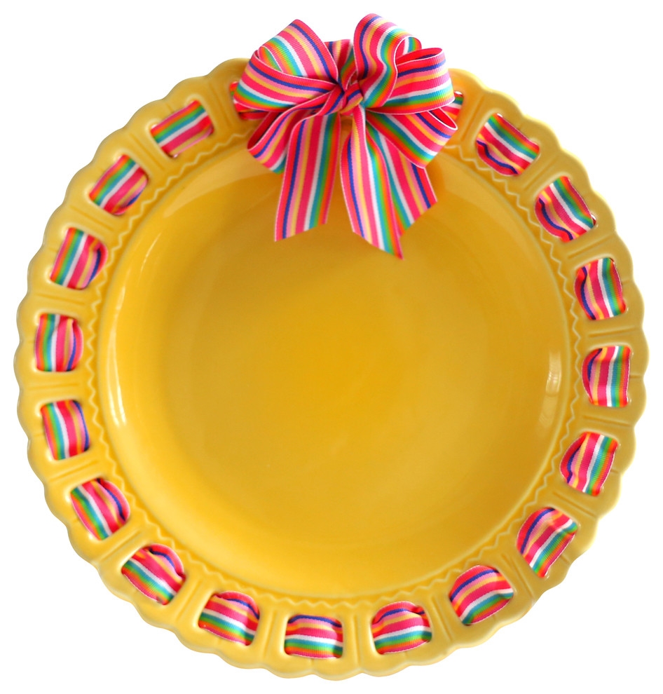 Decorative Round Yellow Ceramic Ribbon Plate Traditional Decorative Plates by Prissy