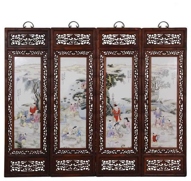Consigned Antique Chinese Painted Porcelain Panels Wall Hanging
