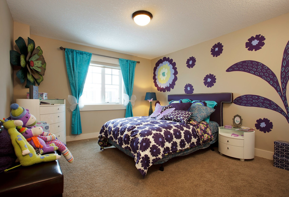 Photo of a mid-sized traditional kids' room for girls in Calgary with beige walls and carpet.