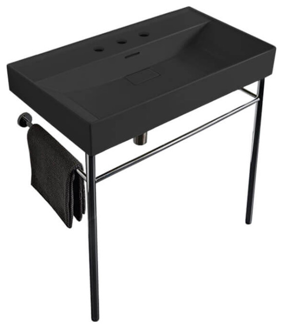 Matte Black Ceramic Console Sink and Polished Chrome Stand Contemporary Bathroom Sinks by