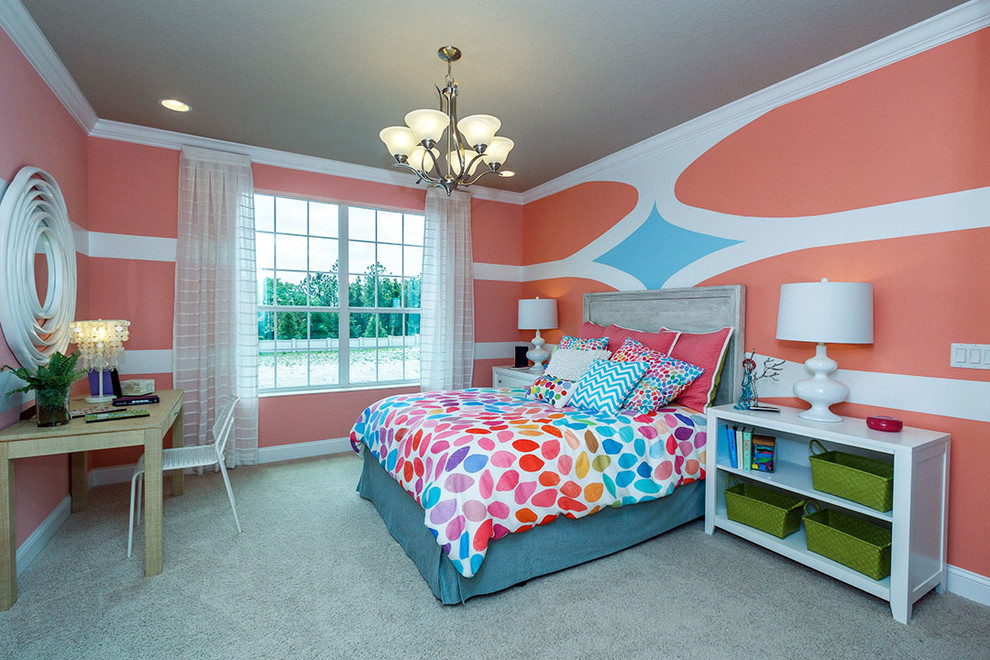 Inspiration for a mid-sized transitional bedroom in Orlando with pink walls and carpet.