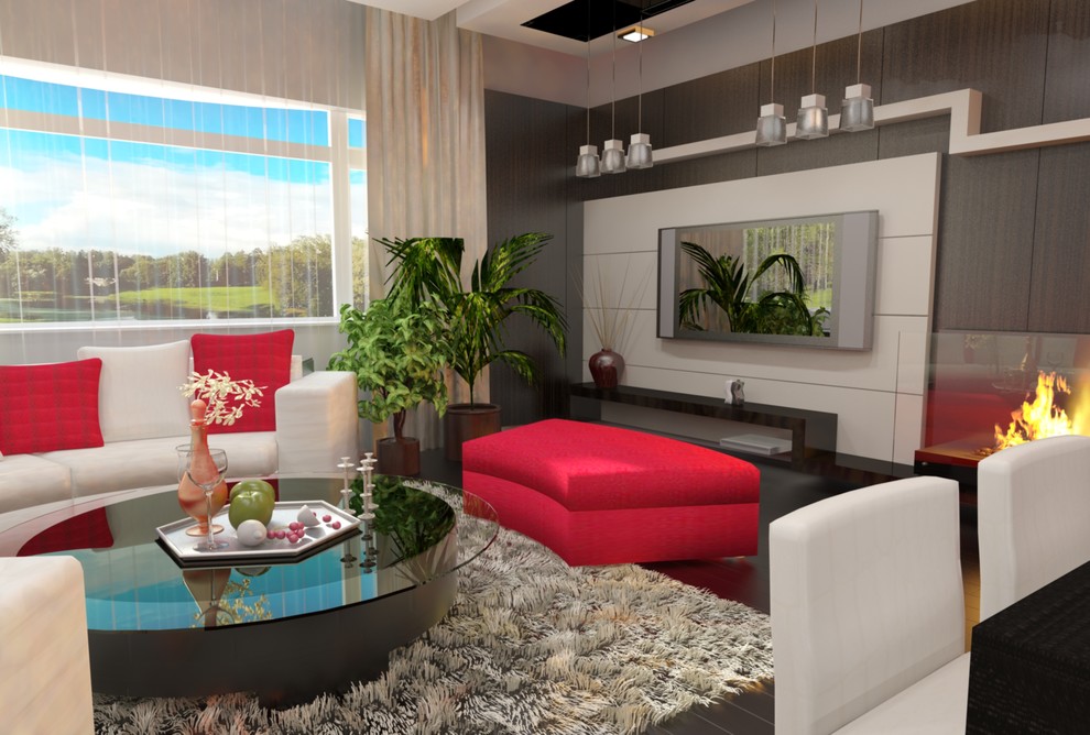 Интерьер загородного дома с красными акцентами