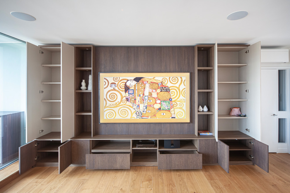 Bespoke Sleek Brown Media Unit with ribbed wood slat panels