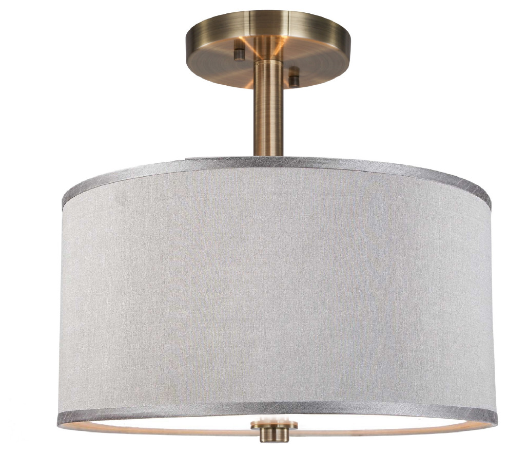 Woodbridge Lighting Drum Shade Semi Flush, Brass, Gray Transitional