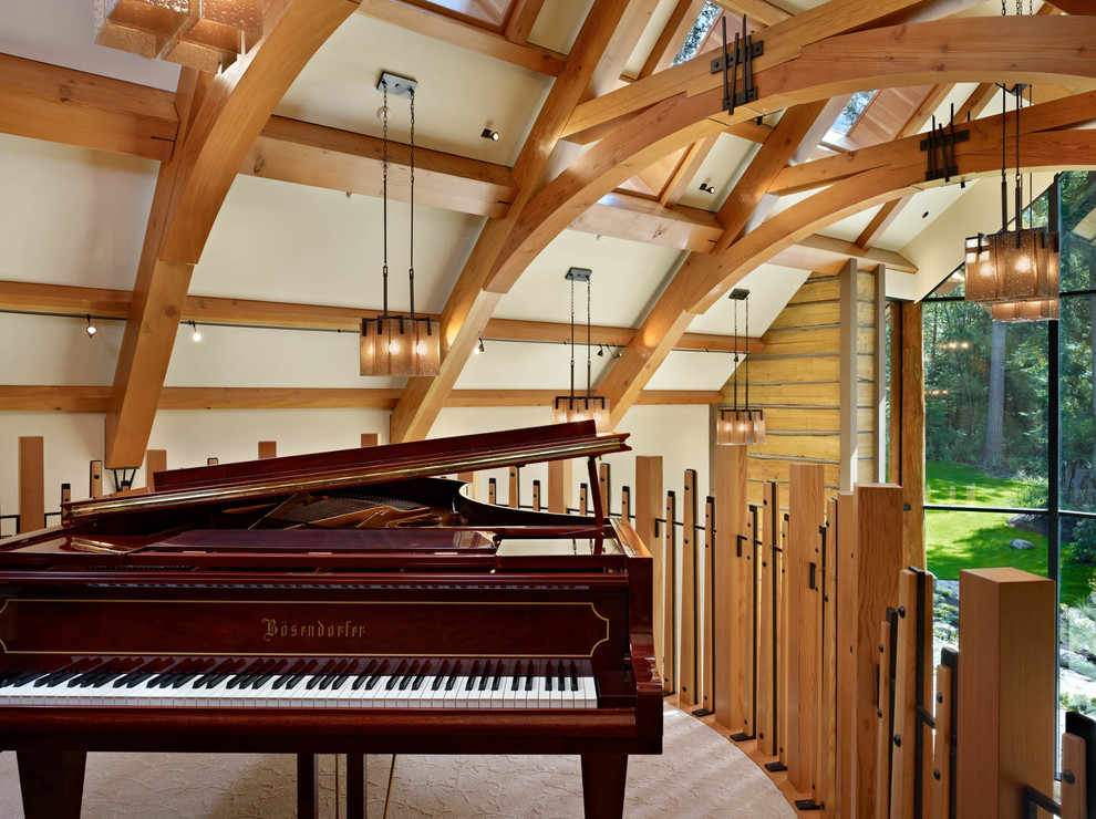 Photo of a large country loft-style family room in Seattle with a music area, beige walls, carpet, no fireplace and no tv.