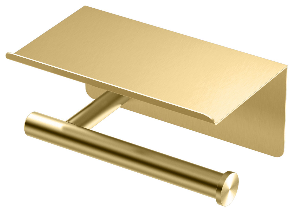 Latitude II Toilet Paper Holder With Mobile Shelf, Brushed Brass