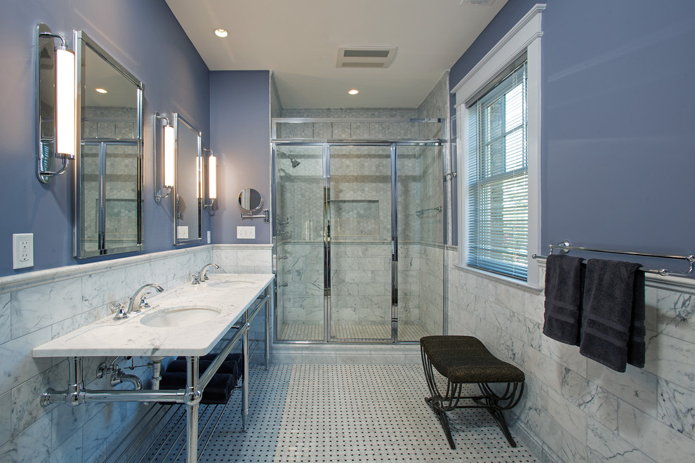 Design ideas for a large traditional master bathroom in DC Metro with an alcove tub, an alcove shower, white tile, subway tile, marble benchtops, white benchtops, purple walls, an undermount sink, white floor, a hinged shower door, white cabinets, a one-piece toilet and marble floors.