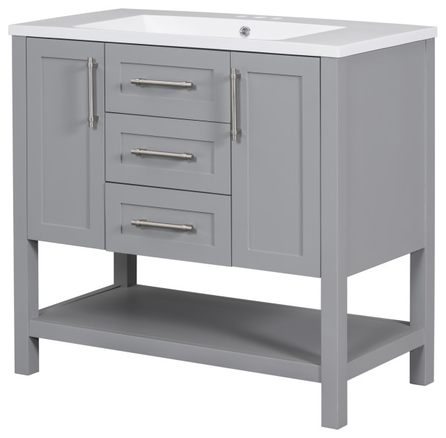 36Inch Grey Bathroom Vanity with Resin Basin, 2 Adjustable Shelvesdoor