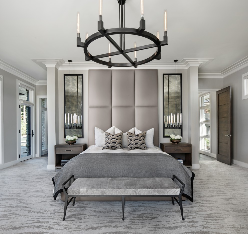 Contemporary master bedroom in Detroit with grey walls, carpet, no fireplace and grey floor.