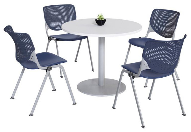 KFI 42" Round Dining Table - White Top - Silver Base - Kool Chairs - Navy