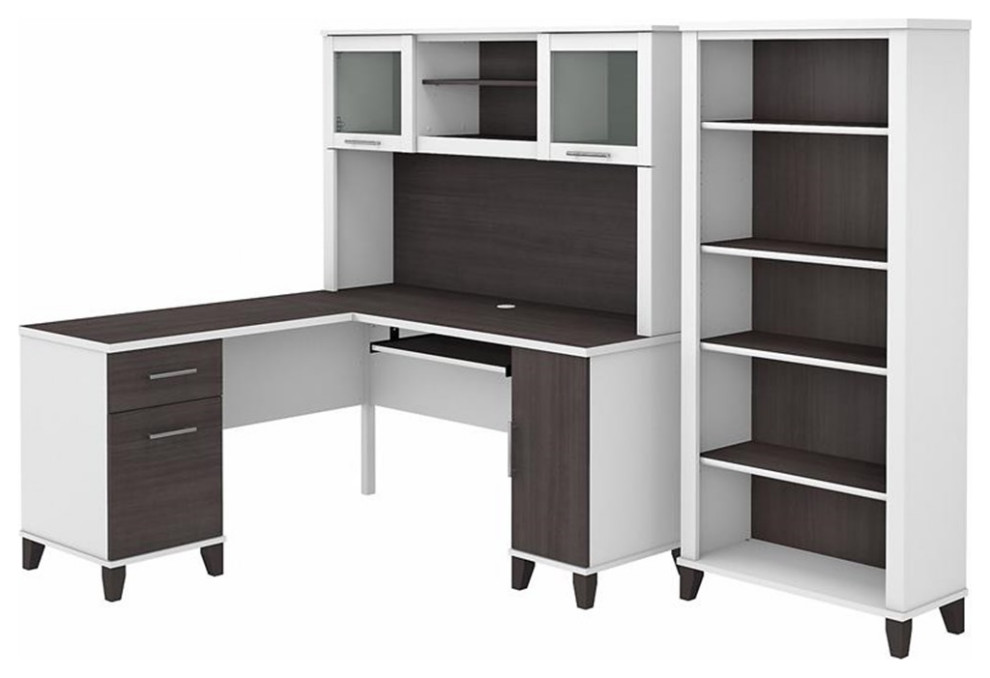 Pemberly Row 60W L Desk with Hutch and Bookcase in White/Gray - Engineered Wood