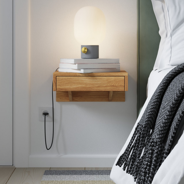 Bo Floating bedside table, Wall Hanging, Wooden Nightstand, With Drawer, Eco Transitional