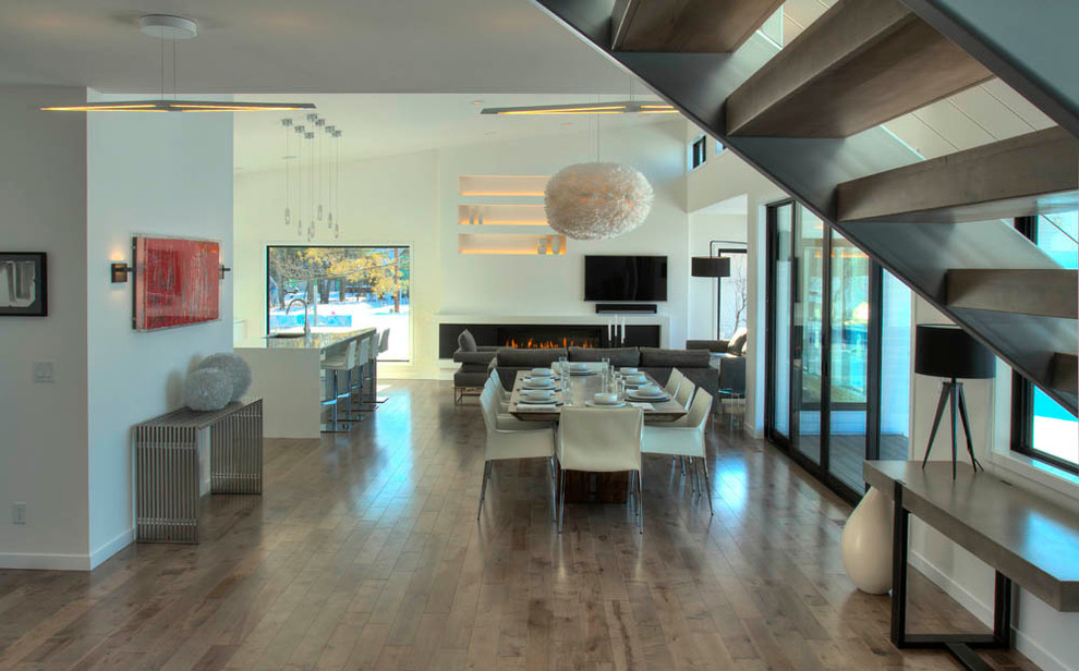 This is an example of a large modern open plan dining in Minneapolis with white walls, medium hardwood floors, a ribbon fireplace and brown floor.