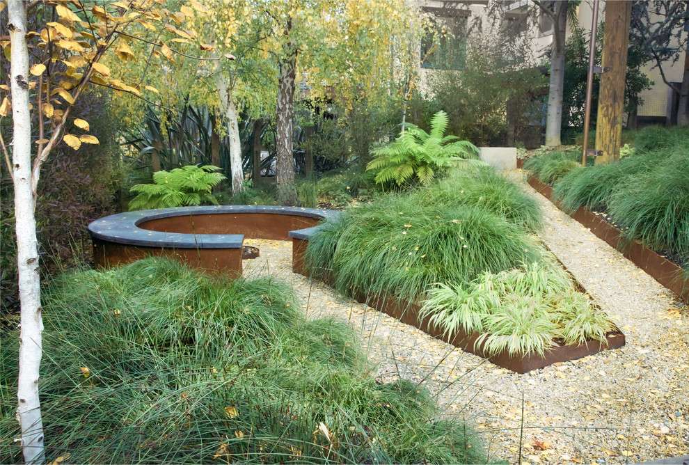 Photo of an industrial garden in San Francisco with a fire feature.