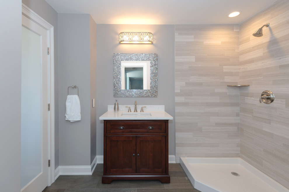 Design ideas for a large contemporary bathroom in Philadelphia with dark hardwood floors.