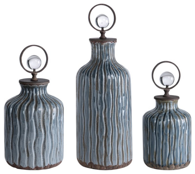 Uttermost Mathias 3-Piece Ceramic and Metal Bottle Set in Gray and Blue