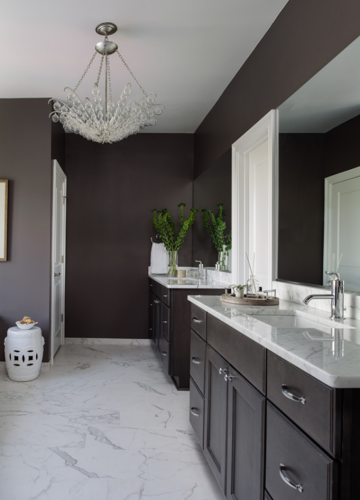 Inspiration for a mid-sized transitional master bathroom in DC Metro with shaker cabinets, medium wood cabinets, brown walls, an undermount sink, grey floor, grey benchtops, a single vanity and a built-in vanity.