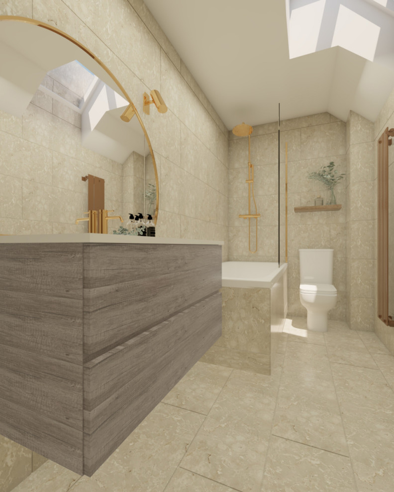 Foto de cuarto de baño único moderno de tamaño medio con bañera encastrada, combinación de ducha y bañera, sanitario de una pieza, baldosas y/o azulejos de piedra caliza y suelo de piedra caliza