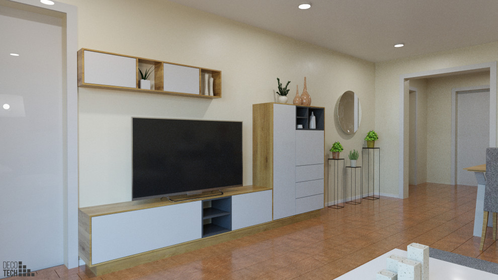 Idée de décoration pour un salon design de taille moyenne et fermé avec un mur beige et un téléviseur.