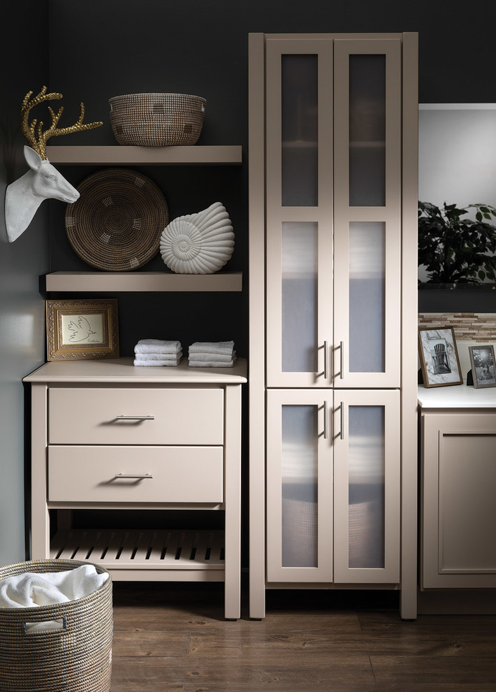 Example of a transitional bathroom design in Cedar Rapids with flat-panel cabinets, beige cabinets and gray walls