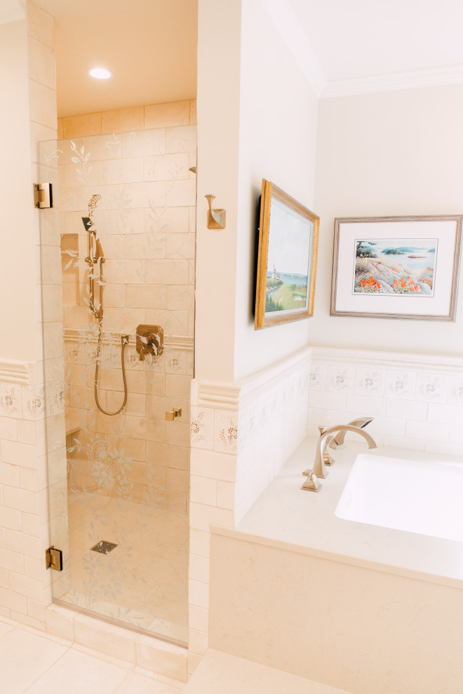 This is an example of a large eclectic master bathroom in Seattle with shaker cabinets, white cabinets, an undermount tub, a double shower, a two-piece toilet, beige tile, terra-cotta tile, beige walls, terra-cotta floors, an undermount sink, engineered quartz benchtops, beige floor, a hinged shower door and beige benchtops.