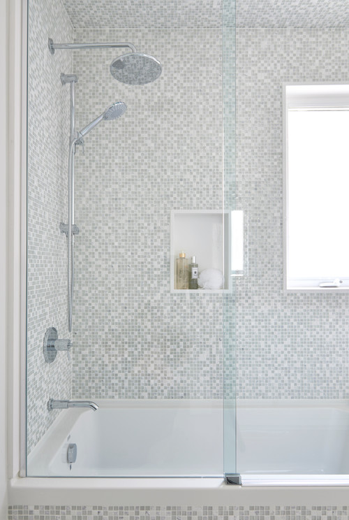 Transitional Tranquility: White Glass Shower Tiles Transform Your Bathroom Design