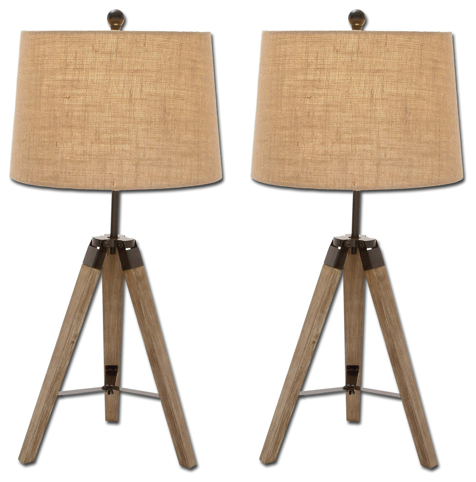 Weathered Wood Tripod Table Lamps, Set of 2 Contemporary Table