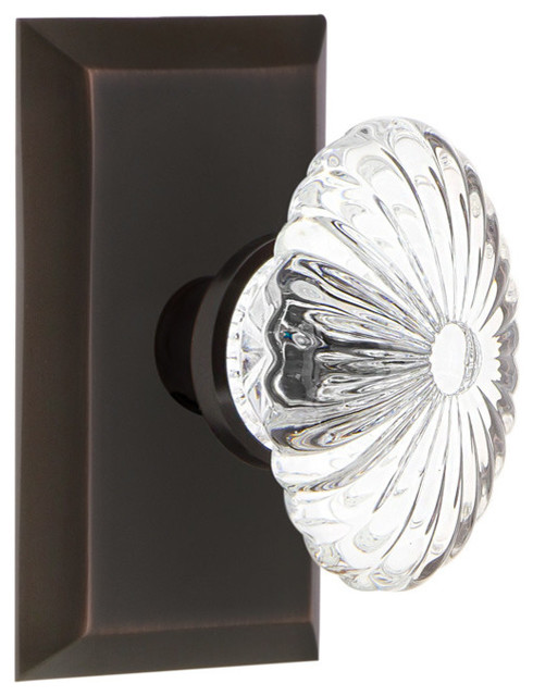 Studio Plate Privacy Oval Fluted Crystal Glass Door Knob Timeless Bronze