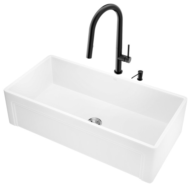 Vigo 36 Matte Stone Double Bowl Farmhouse Kitchen Sink With Greenwich Faucet