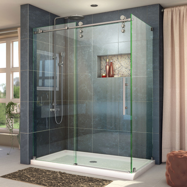 Enigma-Z 34 1/2 x 60 3/8 x 76 Sliding Shower Enclosure, Brushed Stainless Steel