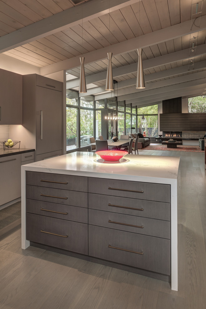 Large modern open plan kitchen in San Francisco with light hardwood floors and grey floor.