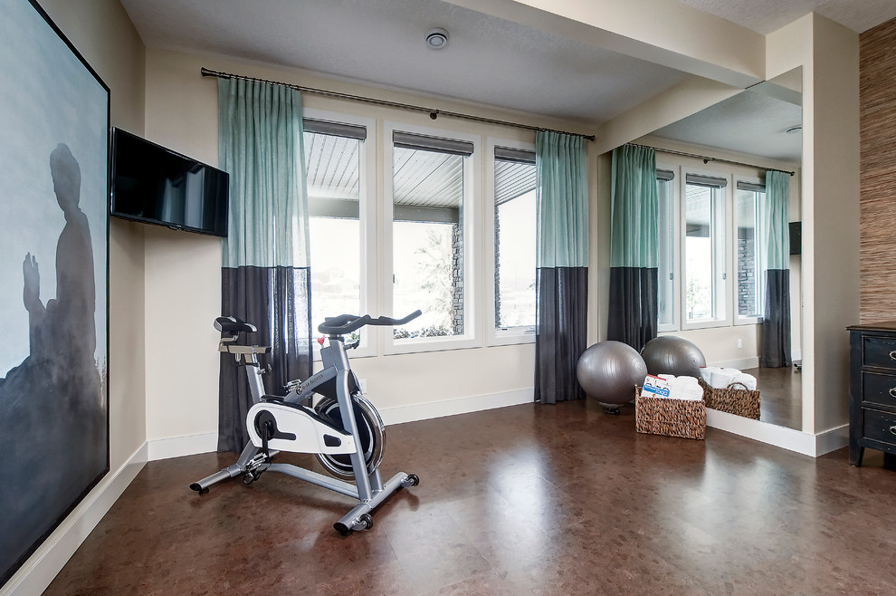 Design ideas for a transitional multipurpose gym in Calgary with beige walls.