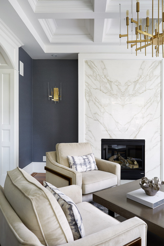 На фото: гостиная комната среднего размера в стиле фьюжн с серыми стенами, стандартным камином, фасадом камина из плитки и кессонным потолком