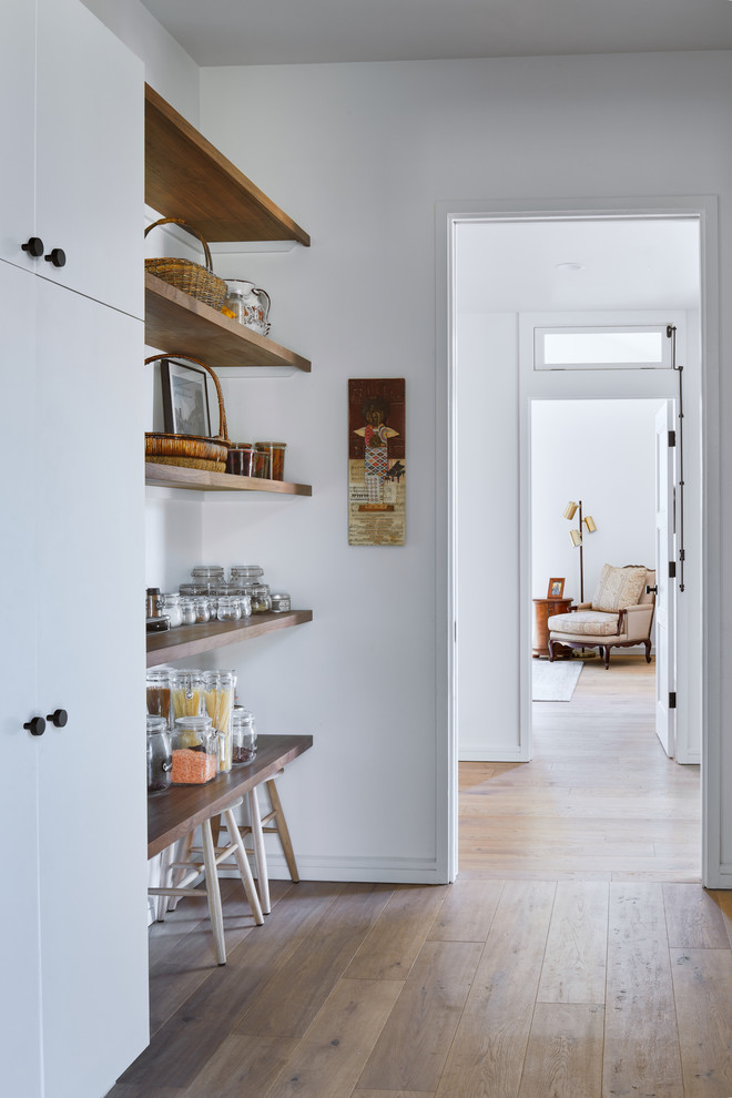 Photo of a scandinavian single-wall kitchen pantry in Austin with flat-panel cabinets, white cabinets, medium hardwood floors and brown floor.