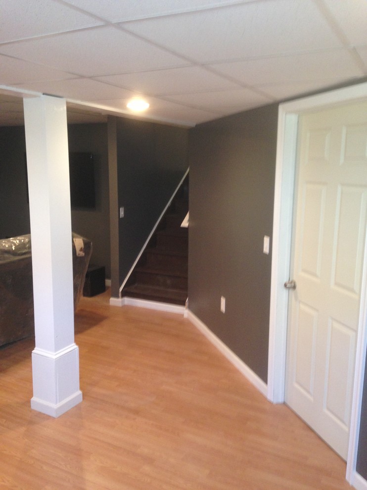 Transitional underground basement photo with gray walls