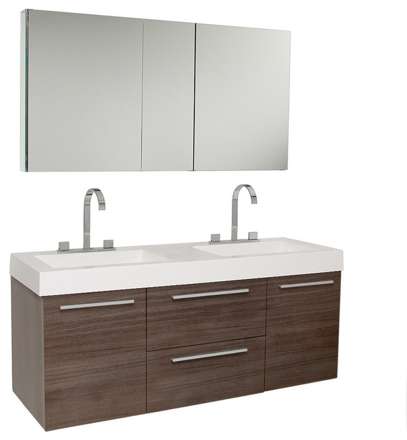 Opulento 54" Gray Oak Modern Double Sink Bathroom Vanity, Medicine Cabinet