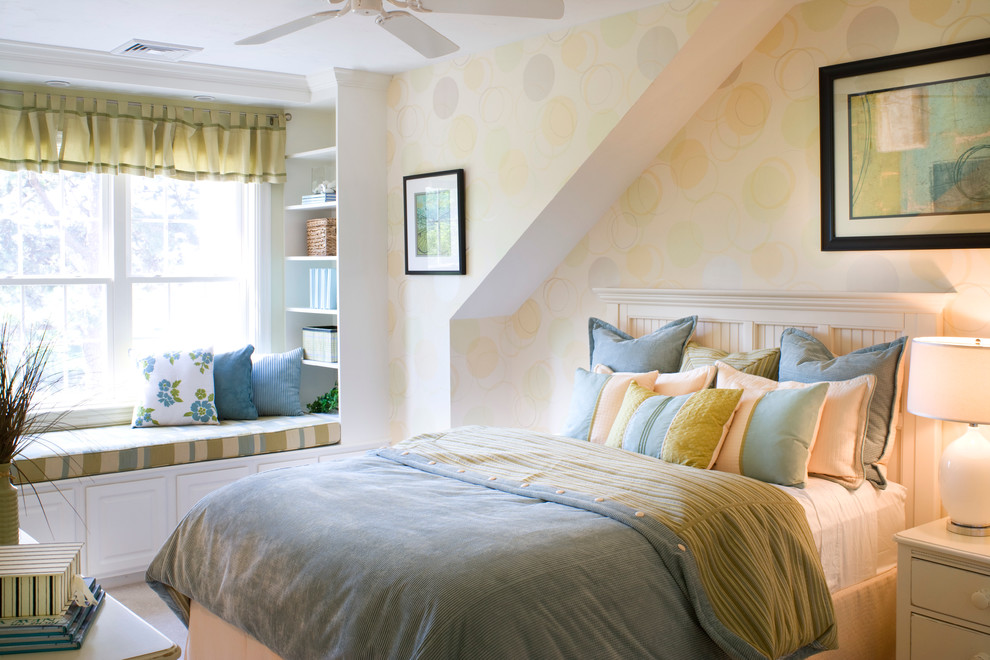 This is an example of a traditional bedroom in Boston with multi-coloured walls.