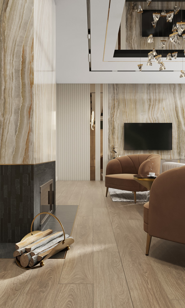 Просторная гостиная с акцентным потолком