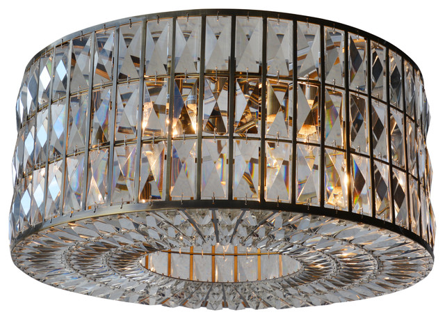 The Monroe Round Clear Crystal Chandelier, Flush, Antique Brass
