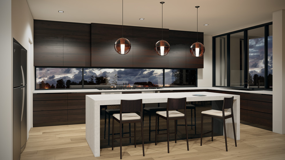 Design ideas for a large modern l-shaped eat-in kitchen in Melbourne with an undermount sink, flat-panel cabinets, dark wood cabinets, quartz benchtops, glass sheet splashback, stainless steel appliances, light hardwood floors and with island.
