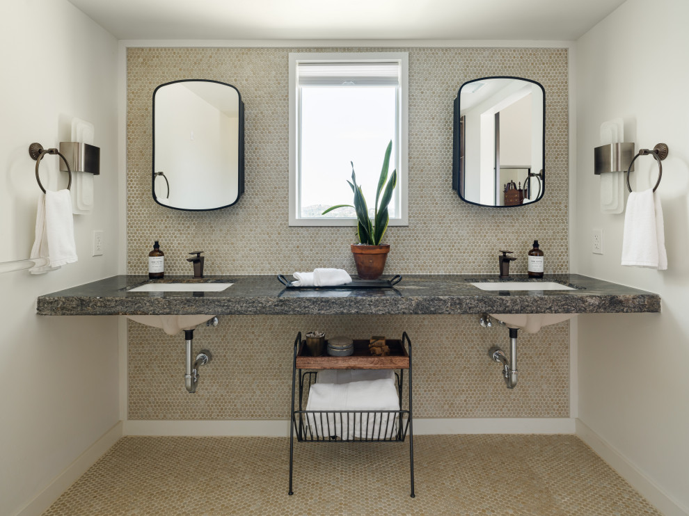 Inspiration for a mid-sized transitional master bathroom in San Diego with black cabinets, an open shower, a two-piece toilet, brown tile, ceramic tile, white walls, ceramic floors, an undermount sink, granite benchtops, beige floor, a shower curtain, black benchtops, a niche, a double vanity and a floating vanity.