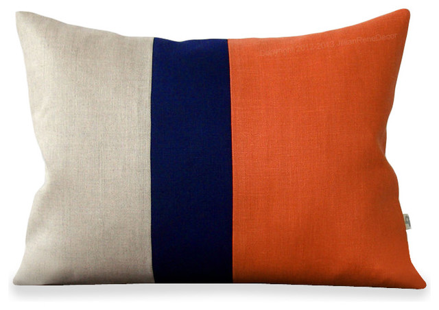 Orange Colorblock Pillow with Navy & Natural Linen Stripes, 12"x16"