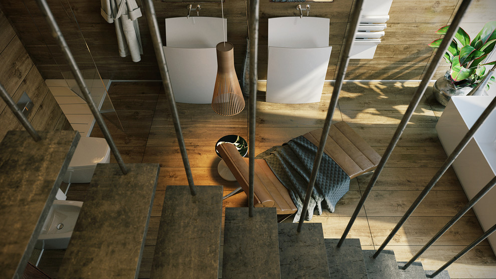 Photo of a large bathroom in New York with furniture-like cabinets, brown cabinets, an undermount tub, a wall-mount toilet, beige tile, cement tile, brown walls, light hardwood floors, a wall-mount sink, laminate benchtops and with a sauna.