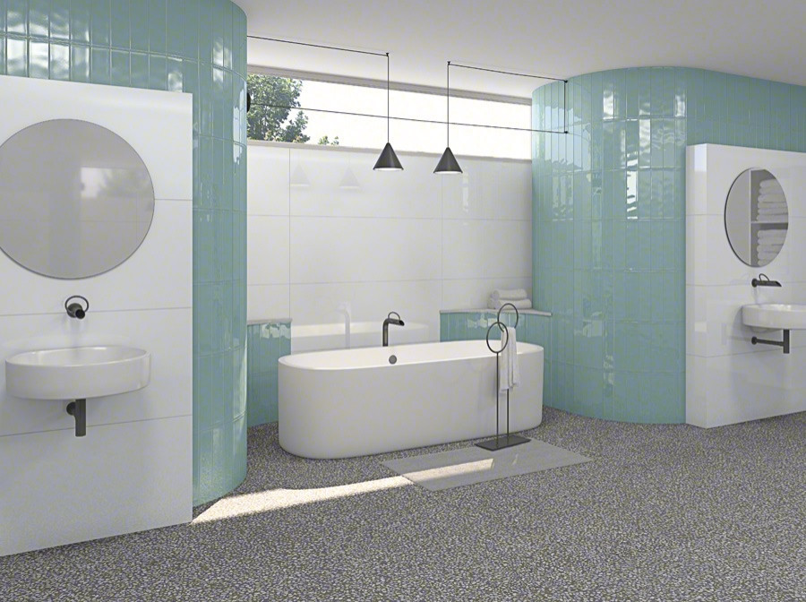 Design ideas for a contemporary bathroom in Perth with a freestanding tub, blue tile, ceramic tile, porcelain floors, a wall-mount sink, grey floor and a double vanity.